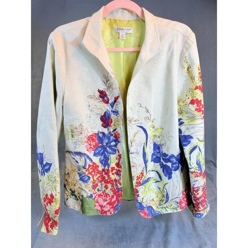 Coldwater Creek Womens Jacket Ivory Painted Flower Garden Spring Cottagecore 10